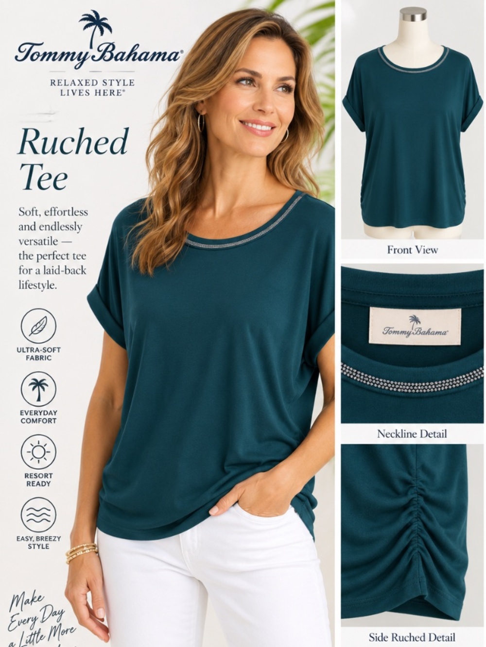 NWT Tommy Bahama Kauai Caviar Beaded Tee w/Keyhole Back, Briny Deep Teal Size S